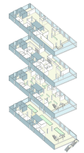 Computer-generated multi-level floor plan. The floorplan is primarily black and white, with specific areas highlighted in light blue.