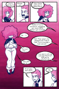 Three panels show a dialogue between a man and woman. A woman is standing on a solid background. Two panels of a man turning away. 