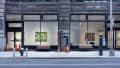Photograph from outside SVA Flatiron Gallery building with three paintings in the window, each depicting abstract fleshy bodies.