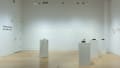 Photograph from back of SVA Flatiron Gallery, showing artwork on walls and four pedestals within the space containing artworks.