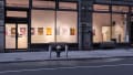 Photograph of artworks inside of large windows at SVA Flatiron Gallery from across street, where a horizontal line of posters is hung on a white wall.