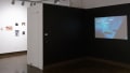 Photograph of inset installation space with black walls and a projection on the right, to its left are a salon-style hanging of unframed photographic prints.
