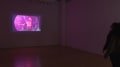 Multiple views of SVA Flatiron Gallery. There are three monitors playing various videos on the wall and an interactive projection. 