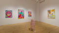 Multiple views of SVA Flatiron Gallery with pantings, sculpture, installation, textile and a large mural in SVA Flatiron Windows