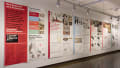 Multiple views of SVA Chelsea Gallery. Posters are hung on the walls. The second gallery has two projections on opposite walls with chairs in the center. 