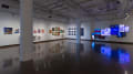 Multiple views of SVA Chelsea Gallery. There are illustrations, monitors, and paintings hung on the walls. Shelves have posters, books, CDs and artist take-aways.