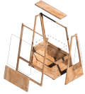 3D rendering of a mobile greenhouse project assembly diagram. A wooden rectangular structure is visible, with framed beams depicted slightly separated from the rectangular central container in a way that infers how the structure can be assembled