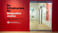 Exhibition view of An Infrastructure for Restorative Justice, featuring front gallery doors.