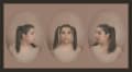 Three medallion photos of woman with hair in pigtails