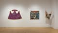 Installation image featuring one mixed media 2d work and two textile works.