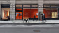 Street view of large windows showing a long gallery hallway with orange walls and monitors. Two people cross on the sidewalk in front.