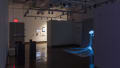 Installation image of a gallery alcove with a large projection of a mushroom to the right, and several pedestals with interactive projections in the foreground to the left.