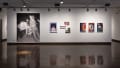 Installation image showing a wall with a large black and white photograph and 4 framed color photographs and some unframed photo installations with hallways on either side.