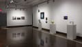 Installation image showing 3 color photographs on the far back wall, three pedestals with ceramics and unframed photo installations behind.