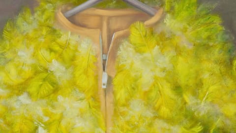 Painting of a yellow feathered vest with a zipper down the middle against a gray background