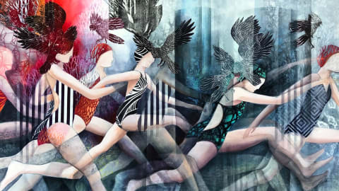 A mixed media painting of multiple figures in striped one piece bathing suits running with birds.