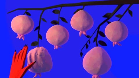 Digital Animation in 3D. A red hand reaches for a branch with six fruits hanging. The fruits react to the touch and squirm and the hand pulls back. On a vibrant purple backdrop. 