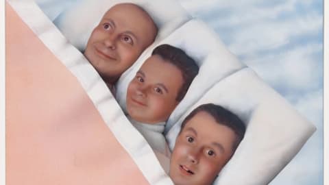 An artwork depicting three men tucked into a bed in the sky