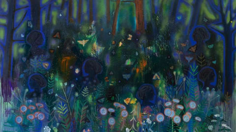 Painting of women in the woods with butterflies and plants in shades of blue, green, orange, and purple.