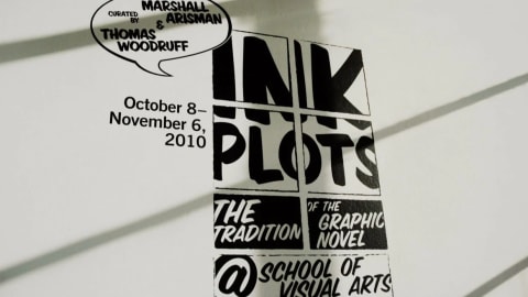 "Ink Plots" exhibition logo on gallery wall.