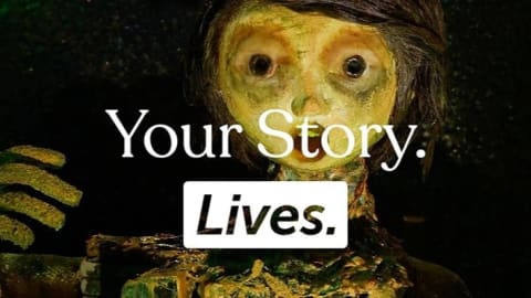 The phrase "Your Story Lives" is overlaid on a painted image of a a person with a surprised look on their face