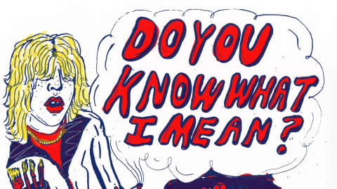 3-color screenprint in red, yellow, blue, and white featuring a blonde person holding a cigarette. The smoke plume turns into a speech bubble that says "DO YOU KNOW WHAT I MEAN?"