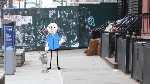 A still from the 2d animated film "Otis March" by Mark Minnig. A 2d drawing of a man with a bright blue shirt waving his hand and walking his furry gray dog with a live action shot of a East Village street in New York City.