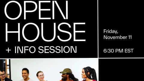 A graphic featuring the text "Open House + Info Session" on a black background. Under it is a photo faculty and alumni on stools holding microphones in conversation