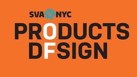 SVA NYC Products of Design logo in black font on an orange background