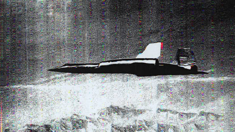 Grainy black & white photograph showing a supersonic jet in profile view flying above mountains, distorted by scanner manipulation. 