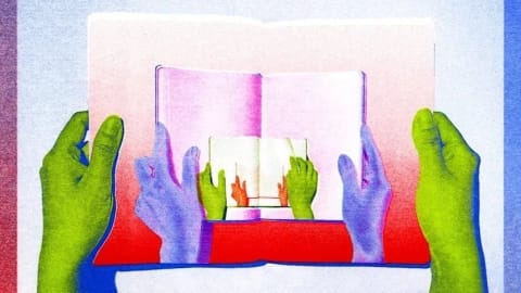 A Riso printed image of a pair of hands holding open a booklet with an image of another pair of hands holding open a booklet. This image continues on infinitely.