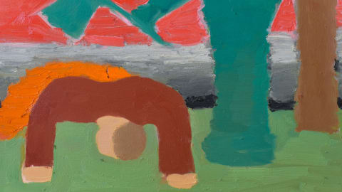 Small painting of a man in red and orange about to be beheaded by a green axe held by a green knight.