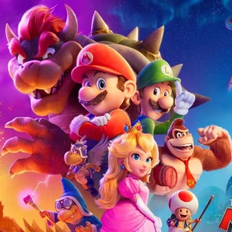 two mustachiod Italian gentlemand in matching red and green suits surrounded by different cartoon characters: an ape, a mushroom, a princess and an evil turtle.