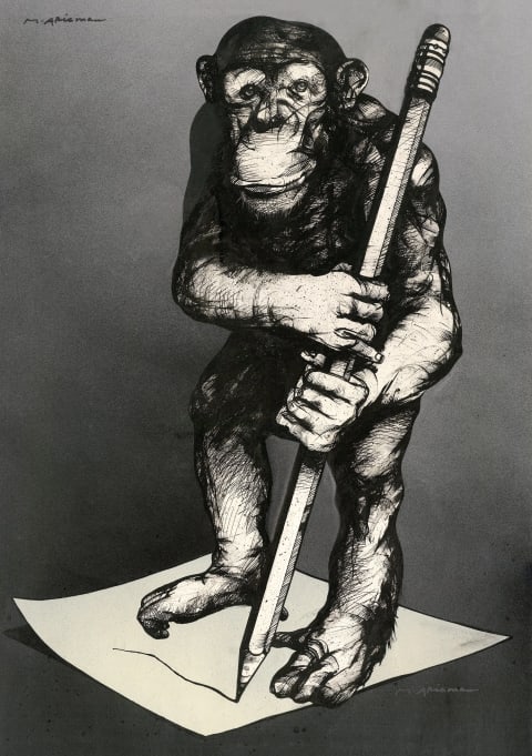 Black and white poster with a chimpanzee holding a large pencil while standing on a sheet of paper.