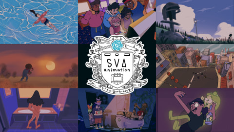 Grid of eight animation thumbnails and a black rectangle in the center with a coat of arms graphic stating "SVA Animation, New York City" overlaid.