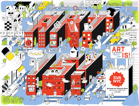 Digital drawing of an aerial view of a city with buildings in the shape of the words "ART IS!"