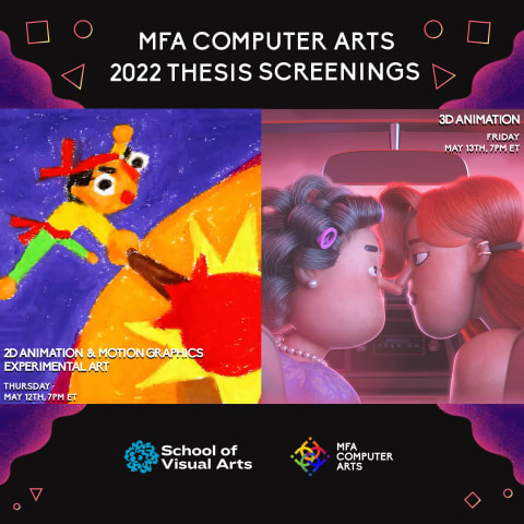 poster including event details and still from films. On left, a young man hits a drum; on right, an old woman in curlers and young woman are nose-to-nose driving into the sunrise.