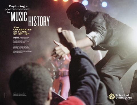A man on stage performs while a crowd cheers on. The image reads, in part, "capturing a pivotal moment in music history.