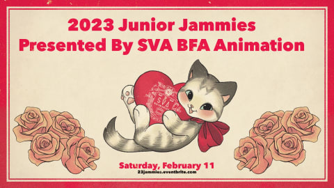 grey cat holding a heart surrounded by roses with the text "2023 Junior Jammies" above it
