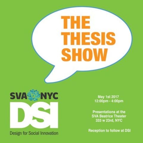 A bright green sign that says "The Thesis Show" in a speech bubble, pointing to text that says SVA NYC DSI.