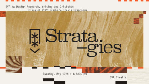 An flyer for the Strata—gies conference. Orange, brown, black images of layers of the earth abstractly depicted. 