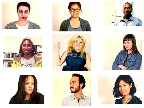 Nine photos of individuals with different expressions.
