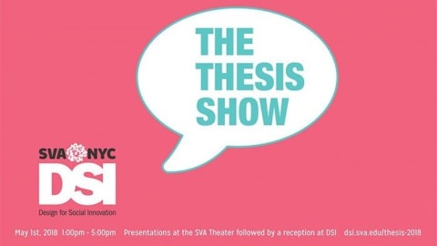 A word bubble says "The Thesis Show" on a pink background.