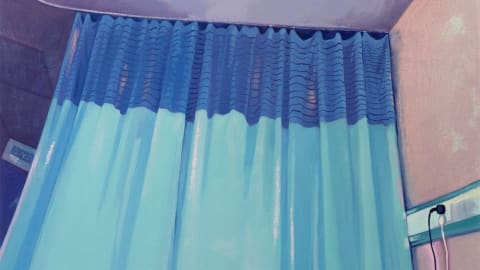 Painting of a bathroom and blue shower curtain, as viewed from the floor looking upward at an angle.
