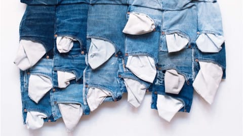Denim jeans in a collage with the pockets sticking out.