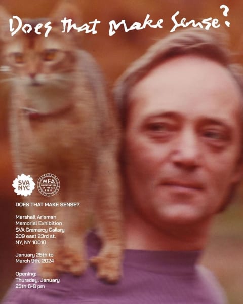 A poster with a man in a purple shirt with a cat standing on his shoulder, the white top reading across the top, 'Does that make sense?'