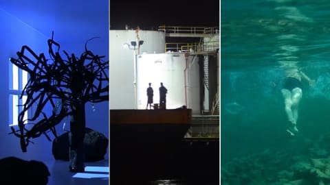 Three photos arranged together. The first photo is of a 3D art piece, the second is of a factory, and the last is a person swimming.