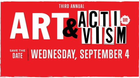 save the date with event title and date, white and black text on red background