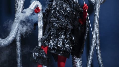 a person dressed in a red bodysuit and covered with garbage bags holds and is surrounded by A/C vents