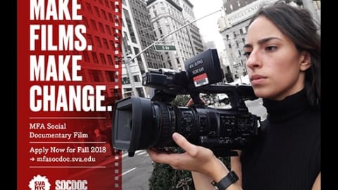 A woman is standing in the city, holding a camera, and using the camera to record something out of frame. a transparent, red file reel on the left with white text that says, "Make films. Make change. MFA Social Documentary Film Apply Now for Fall 2018 mfasocdoc.sva.edu."